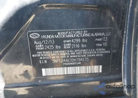 2013 Hyundai Sonata Gls z USA, uszkodzony, nr VIN 5NPEB4AC1DH794175